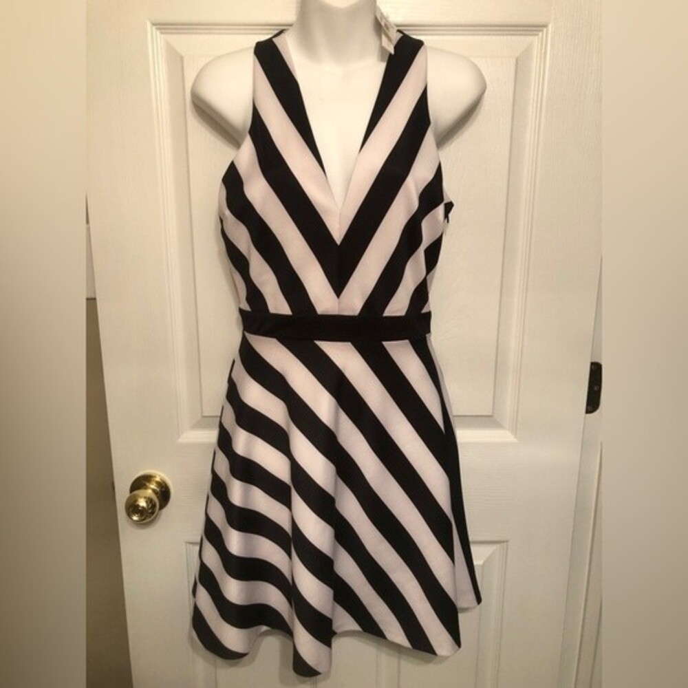 AQUA Sz M Black & White Striped Scuba Sleeveless Casual Skater Dress NEW NWT